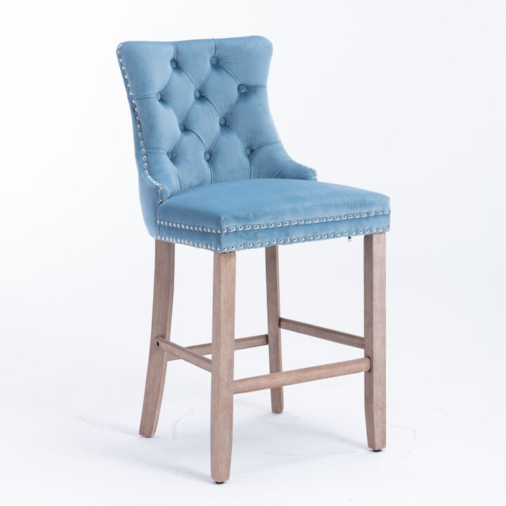 Contemporary Velvet Upholstered Bar Stools with Button Tufted Decoration and Wooden Legs, and Chrome Nailhead Trim, Leisure Style Bar Chairs, Bar stools, Set of 2 (Light Blue),