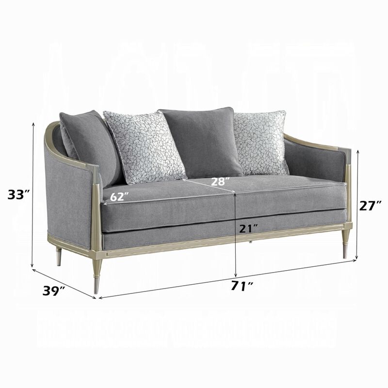 Fero Loveseat with 4 Pillows, Gray Chenille, Champagne Wood Trim, 71 Inch image number 5