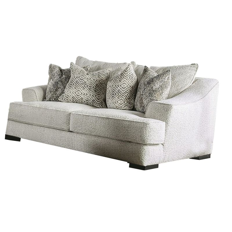 Syma Loveseat, Ivory Boucle, 4 Throw Pillows, Track Arms, 84 Inch - Benzara - Benzara