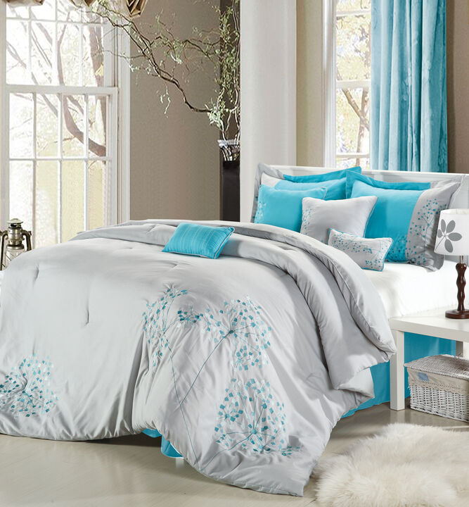 Chic Home Pink Floral Microfiber Embroidered 8 Pieces Comforter Bed In A Bag Set - Queen 90x90, Grey-Aqua