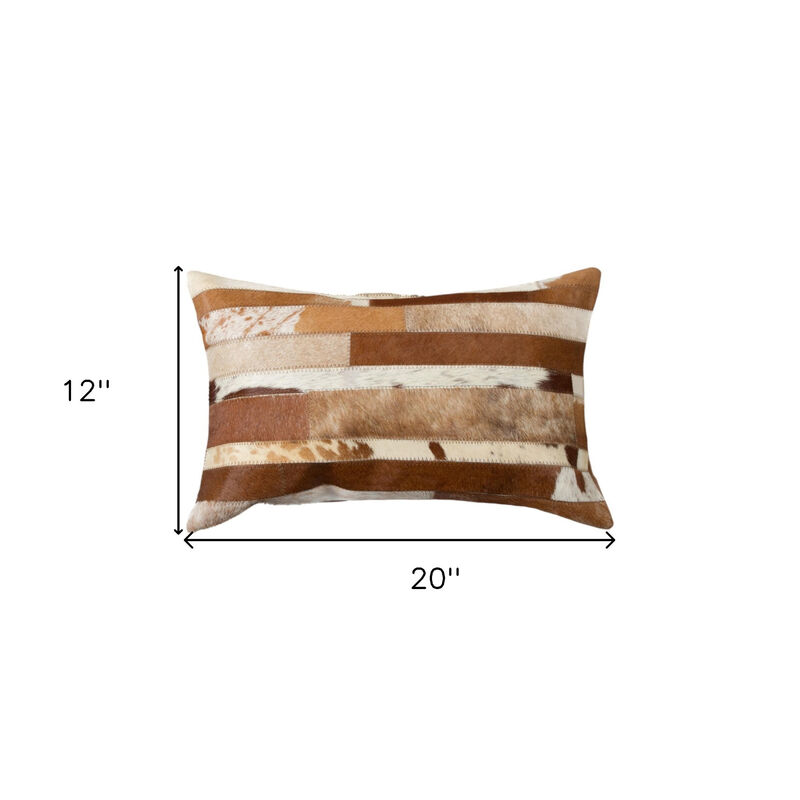 HomeRoots Set of Two 12" X 20" Brown and White Patchwork Cowhide Lumbar Throw Pillows image number 5