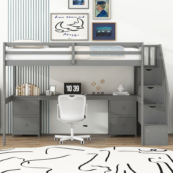 Merax Twin Size Loft Bed Frame with Built-in Desk and Double Storage Drawers