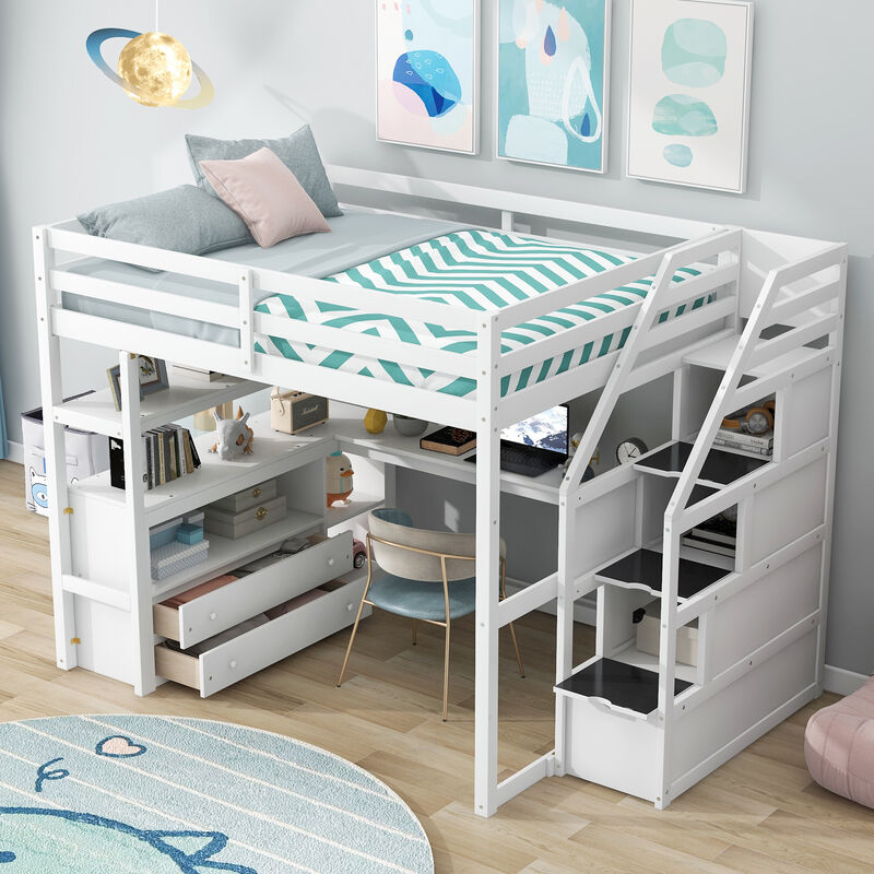 Multi-functional Loft Bed with Desk, Shelves, Storage Staircase, and Two Drawers