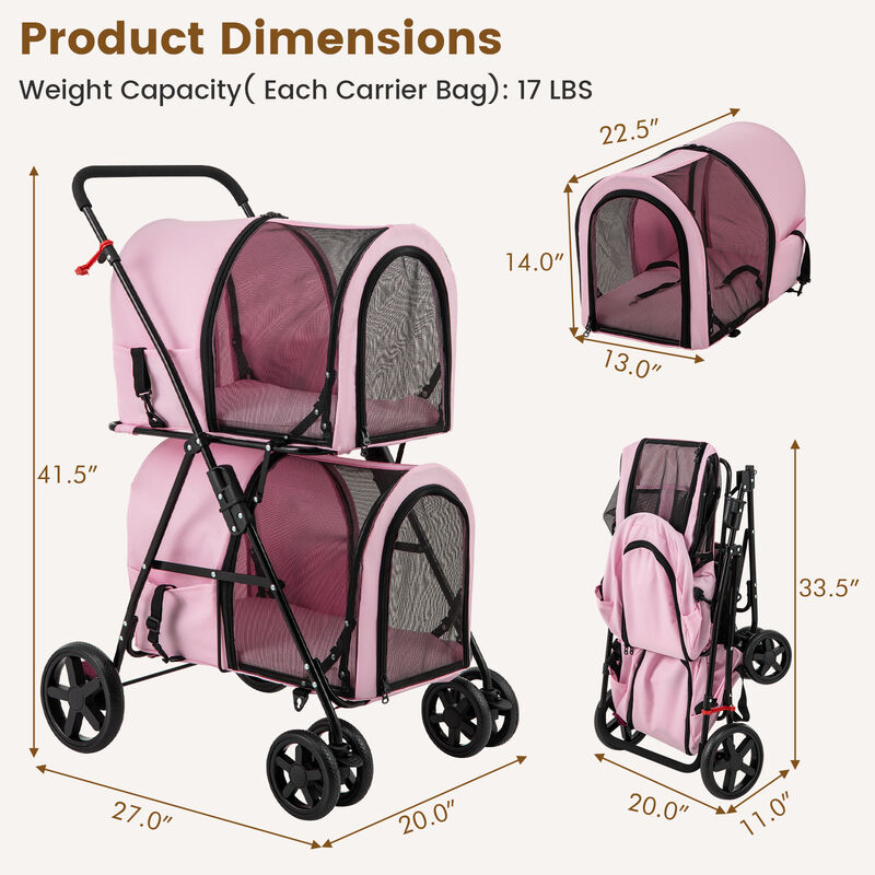 4-in-1 Double Pet Stroller with Detachable Carrier and Travel Carriage