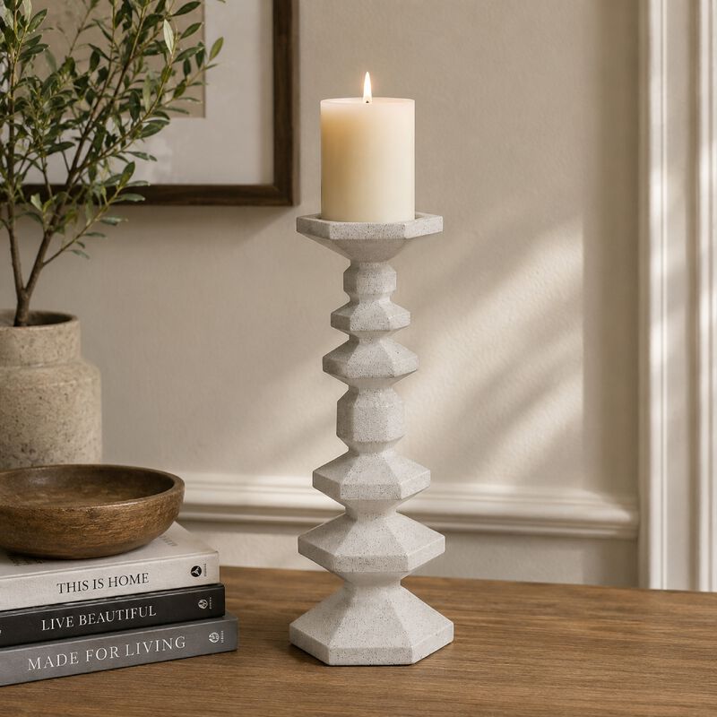 Tabletop Pillar Candle Stand, Stacked Geometric Shapes, White Resin 18 Inch image number 1