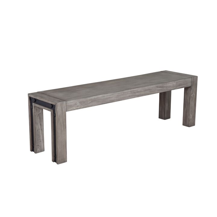 Ebb 59 Inch Rectangular Dining Bench, Faux Metal Inset, Handcrafted, Gray -Benzara