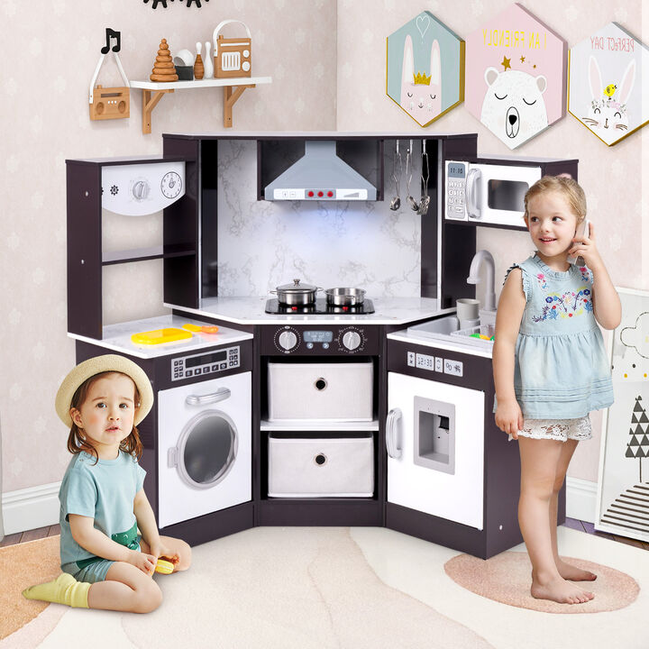 Kids Wooden Play Kitchen Playset with Lights & Sounds &ndash; Realistic Pretend Play Toy