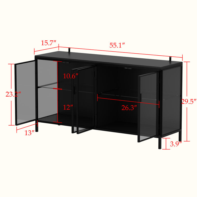 FUFU&GAGA Modern Glass Bookcase, Stylish & Durable Display Cabinet with Glass Doors for Living Room & Office,(55.1" W x 29.5" H x 15.7" D),Black