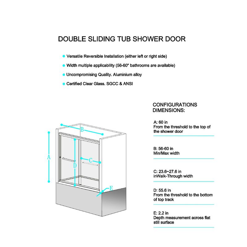 Silver Bathtub Shower Door, Thickened Aluminum Frame with 4" Adjustment