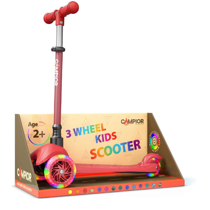 Mini 3 Wheel Scooter for Kids &ndash; Lean-to-Steer Kick Scooter with LED Light-Up Wheels, Adjustable Handlebar, Wide Anti-Slip Deck, Smooth PU Wheels, Rear Foot Brake &ndash; Toddler Scooter for Ages 2+