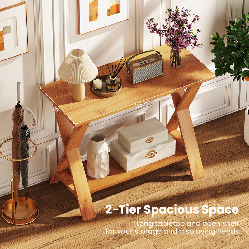 Solid Teak Wood Console Table with Lower Storage Shelf for Entryway or Living Room