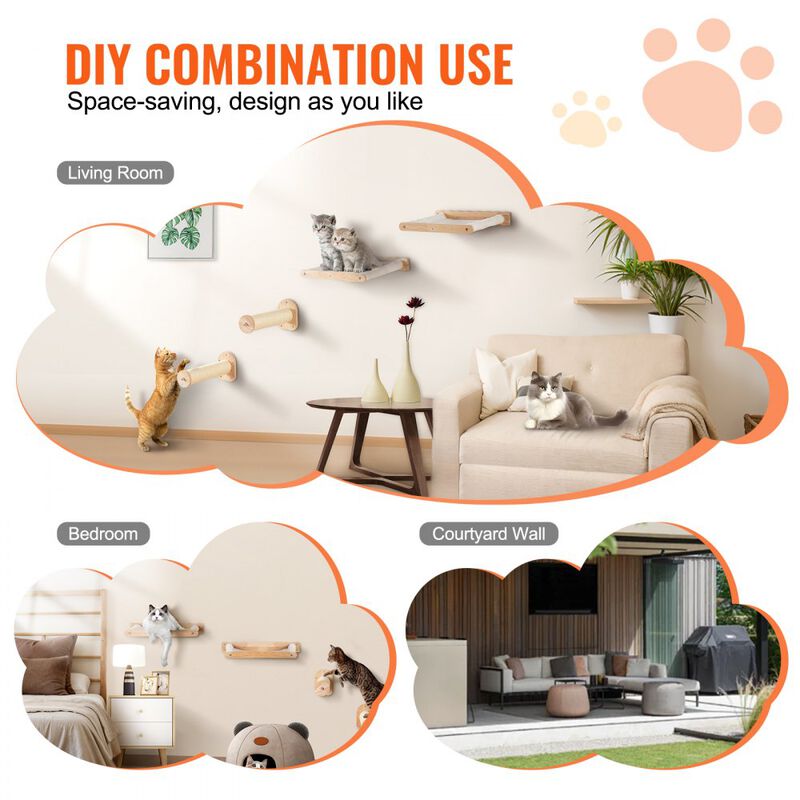 Wall Mounted Cat Shelves with 2 Jumping Posts & 2 Hammocks up to 40 lbs