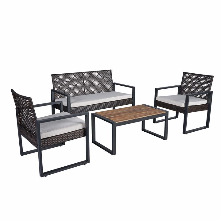 MONDAWE 4-piece PE Rattan Patio Conversation Set Outdoor Seating Set with Acacia Wood Table, Loveseat Chair and 2 Single Chair-Brown