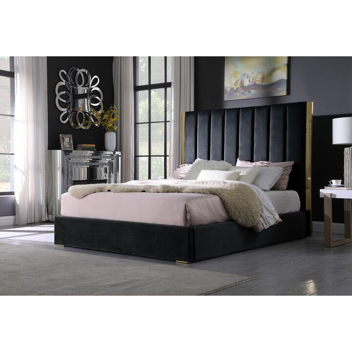 Best Master Furniture Jalen Black Velvet King Platform Bed with Gold Accents