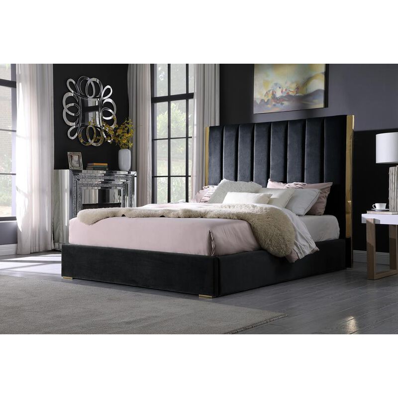 Best Master Furniture Jalen Black Velvet King Platform Bed with Gold Accents