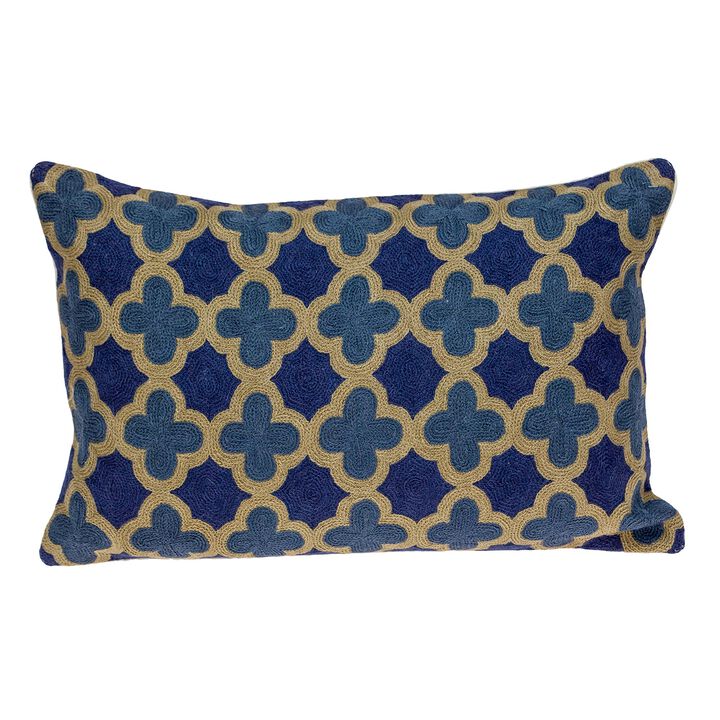 20" Blue and Brown Embroidered Quarterfoil Rectangular Throw Pillow