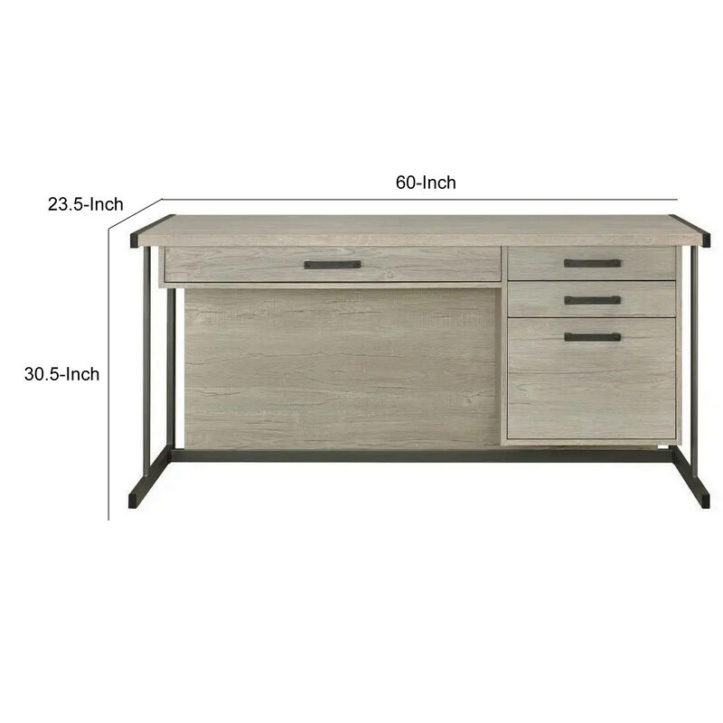 60 Inch 4 Drawer Rectangular Office Desk, Metal Sled Base, Whitewashed Gray-Benzara