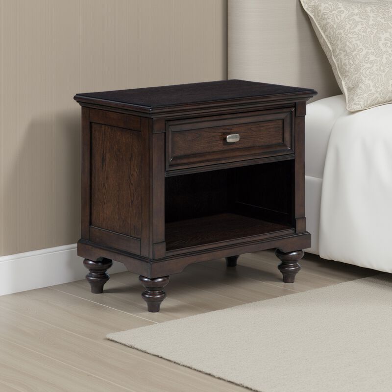 Meon Nightstand w Drawer and Open Cubby Shelf, Dark Oak Brown Wood - Benzara