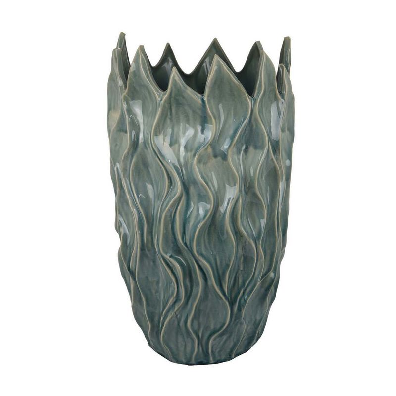 Esen Decorative Vase, Abstract Wave Design, 22 Inch Green Ceramic