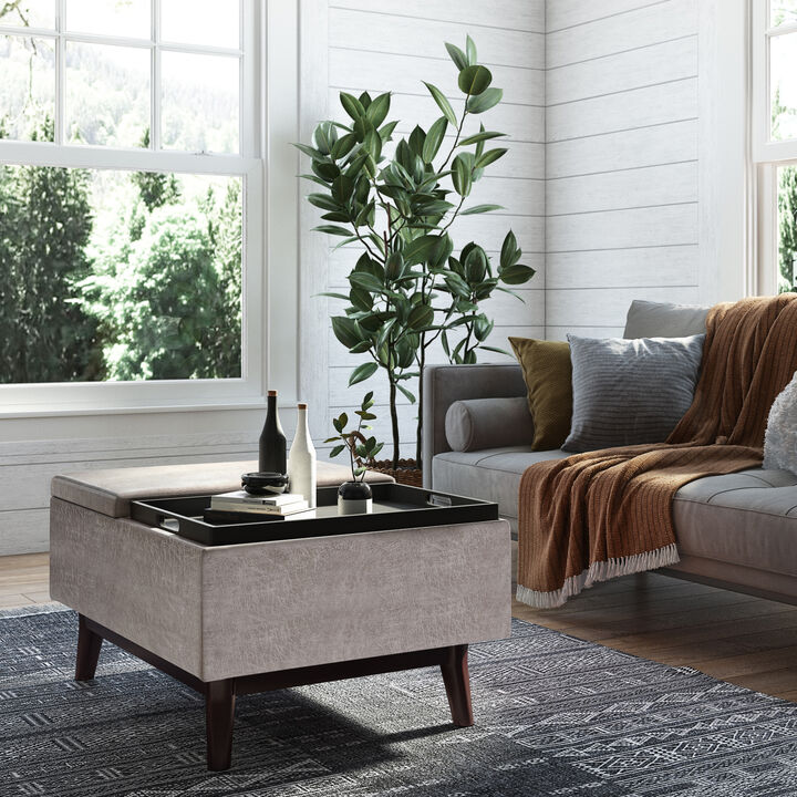 Owen Tray Top Small Coffee Table Storage Ottoman in Distressed Grey Faux Leather