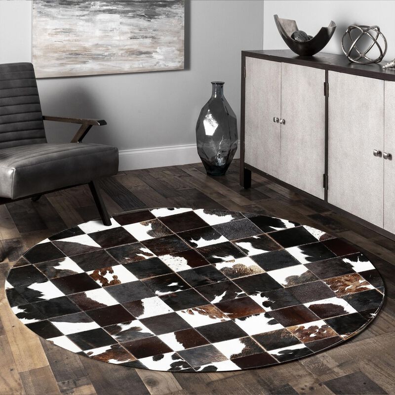 Round Cowhide Rug Black Brown White Patchwork Leather Rug, Handmade Genuine Cowhide Area Carpet, Farmhouse Rustic Round Decor