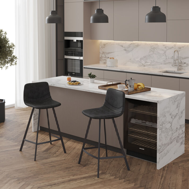 Elland Modern Upholstered Leather Bar Stool With Black Iron Legs & Footrest