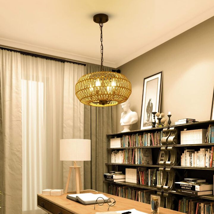 ELEMENT ACE Hand Woven Rattan 4-Light Pendant Light Fixture Height Adjustable Boho Farmhouse Chandelier for Dining Room Living Room Kitchen Island Bedroom Entryway Foyer