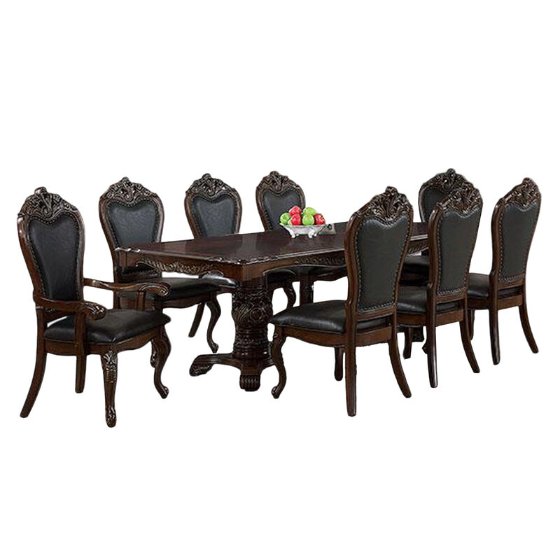 Zenie 9pc Dining Set, Classy Cherry Brown Wood Table, 8 Carved Chairs - Benzara image number 0