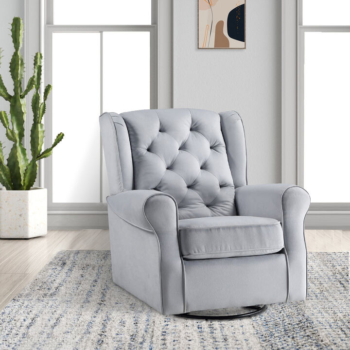 35 Inch Accent Swivel Chair, Glider, Tufted Back, Gray - Benzara