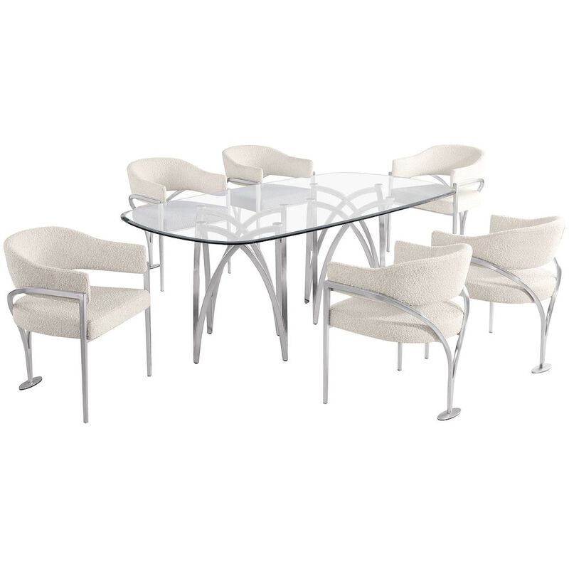 Best Quality Furniture 7Pc Tempered Glass Dining Table Set With 6 Cream With Matte Silver Side Chairs