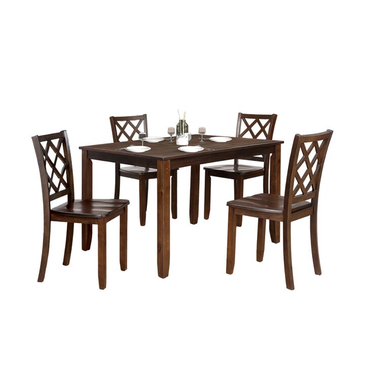 Ziko 5 Piece Dining Table Set, 4 Cross Back Chairs, Cherry Brown Solid Wood - Benzara