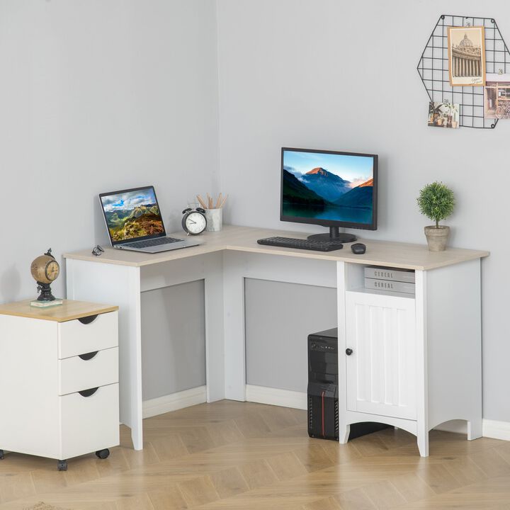L-Shaped Computer Desk with Open Shelf and Storage Cabinet, Corner Writing Desk with Adjustable Shelf, Natural / White