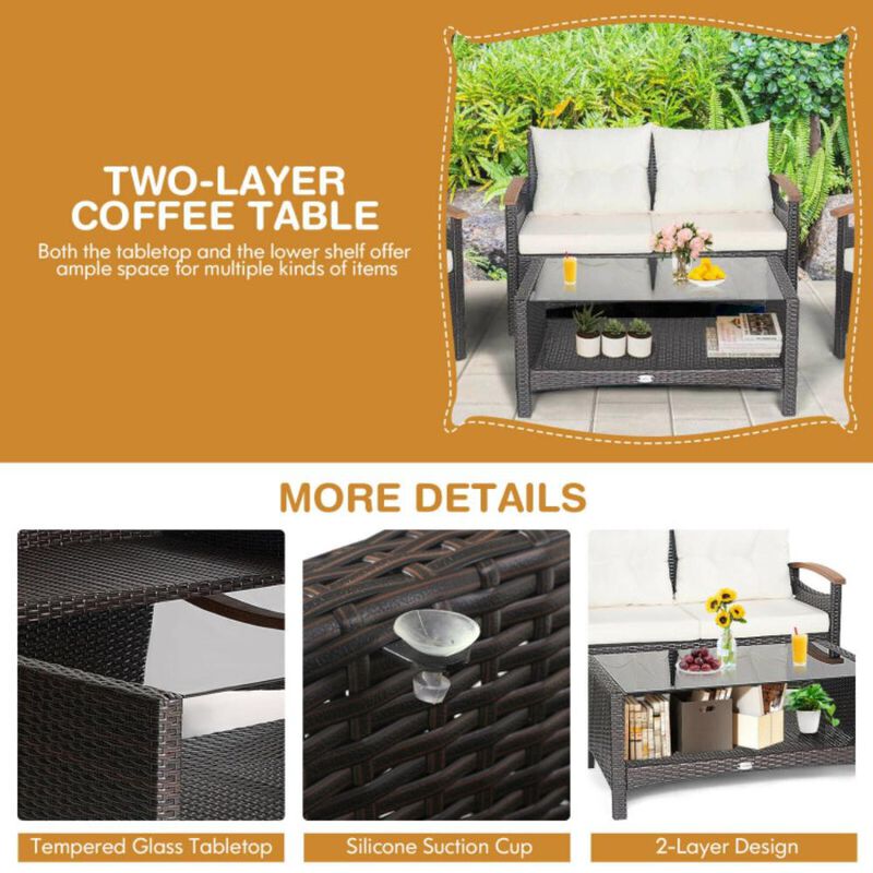 Hivvago 4 Pieces Patio Rattan Furniture Set with Cushioned Sofa and Storage Table