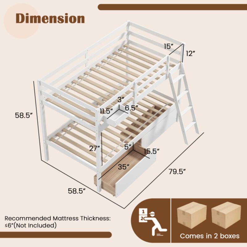 Hivvago Twin Over Twin Bunk Bed Wood Bed Frame with 2 Storage Drawers and Ladder