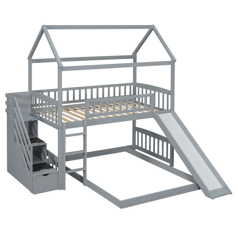 Whisen 77.4"x41.6" Twin Over Full Bunk Bed with Slide, Solid Wood Playhouse for Kids Bedroom image number 7