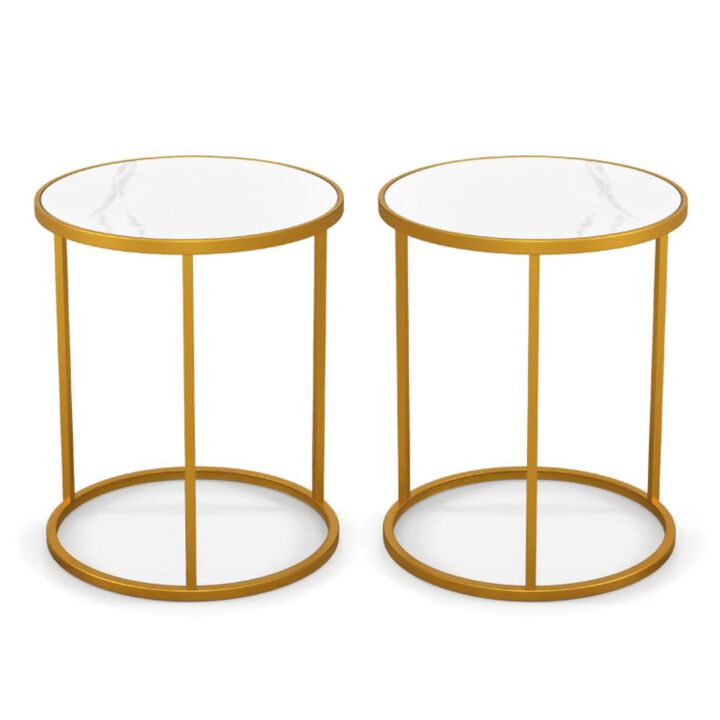 Hivvago 16 Inch Marble Top Round Side Table with Golden Metal Frame for Living Room Bedroom- 2 Pieces