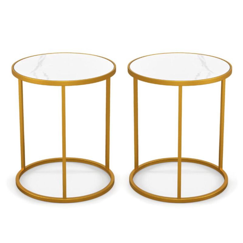 Hivvago 16 Inch Marble Top Round Side Table with Golden Metal Frame for Living Room Bedroom- 2 Pieces