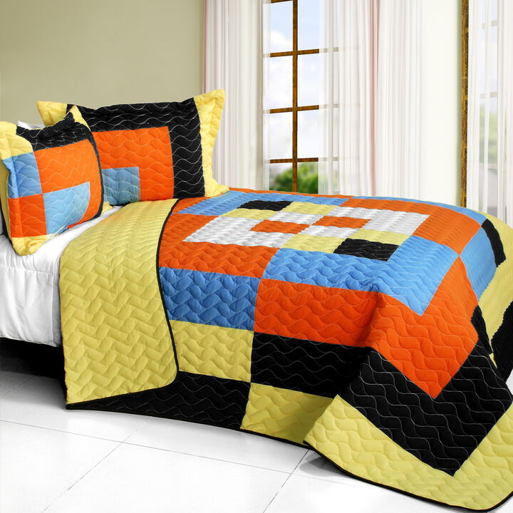 3PC Vermicelli-Quilted Patchwork Quilt Set Lightweight All-Season Bedding