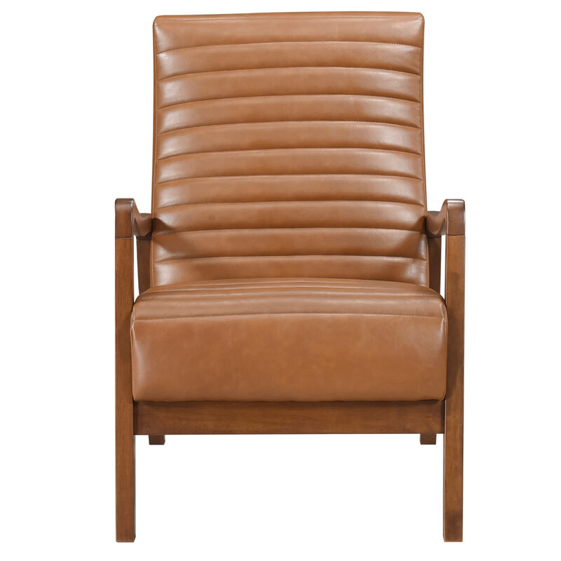 Gert Accent Chair, Matte Brown Faux Leather, Solid Rubberwood Frame