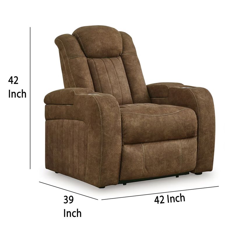 Alexy Power Recliner Chair, Cupholder, USB Port, Brown Faux Leather - Benzara