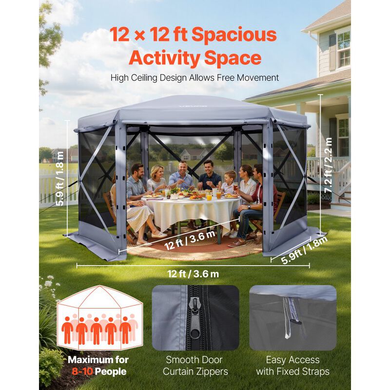 6-Sided Pop Up Screen Tent with Removable Canopy for 8-10 People-Grey image number 2
