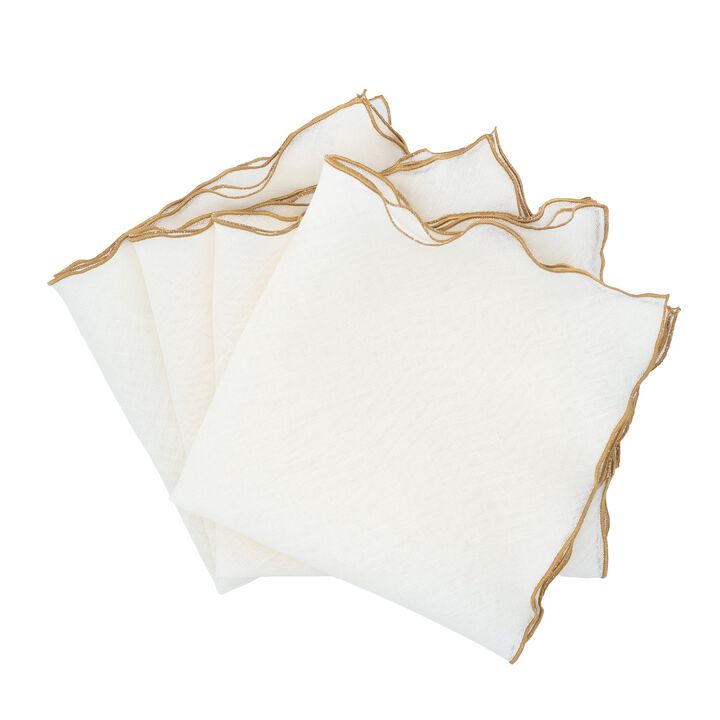 Linen Napkins With Gold Ruffled Edges, Set of 4