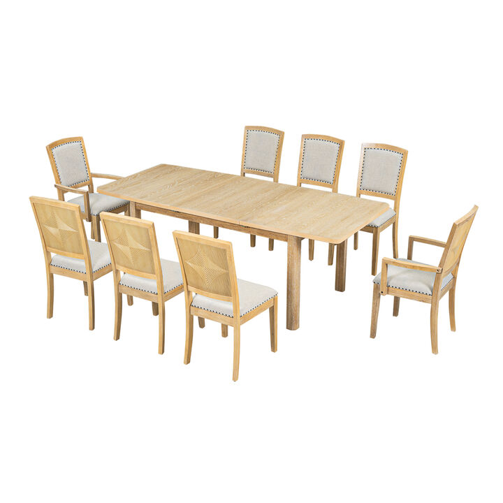 Rustic Extendable 84inch Dining Table Set with 24inch Removable Leaf, 6 Upholstered Armless Dining Chairs and 2 Padded Arm Chairs, 9 Pieces, Natural