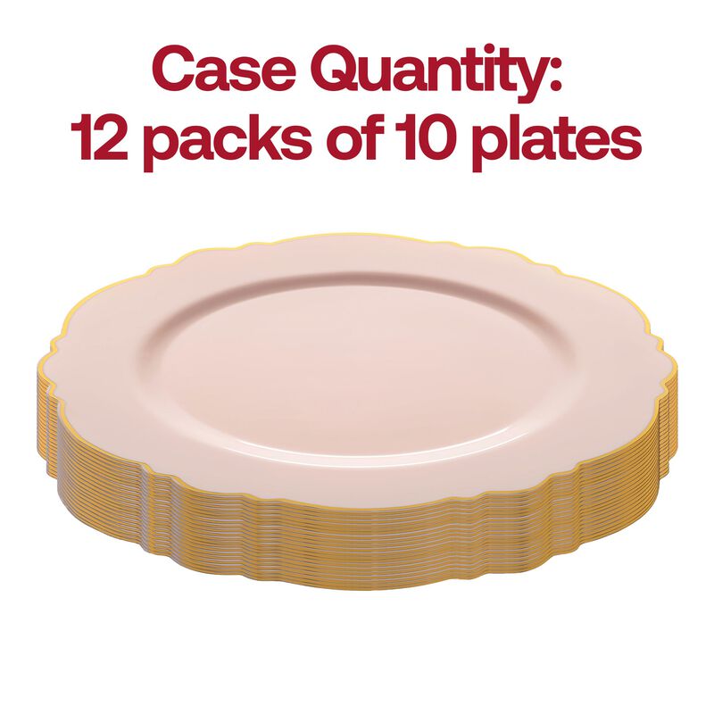 10.25" Pink with Gold Rim Round Blossom Plastic Dinner Plates (120 Plates) image number 3