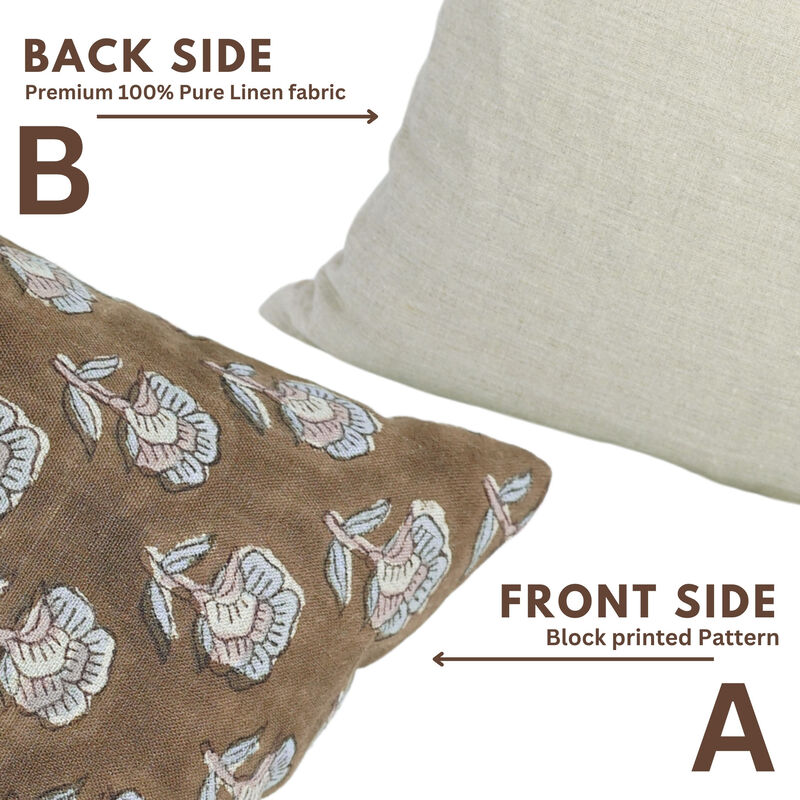Fabdivine 24x24 Inch Brown Farmhouse Boho Cushion Cover Handmade Linen Throw Pillowcase with Handblock Print for Sofa, Couch, Bed, Living Room, Rohini image number 3