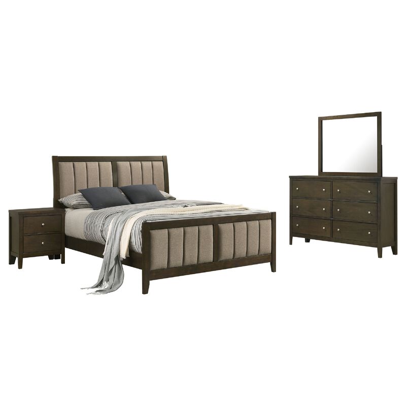 WIly 4 Piece Queen Bedroom Set, Dark Brown, Beige Upholstery, Nickel