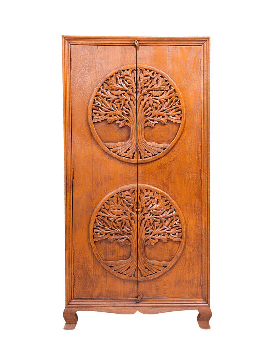 Brown Antique Tree of Life Solid Wood Armoire