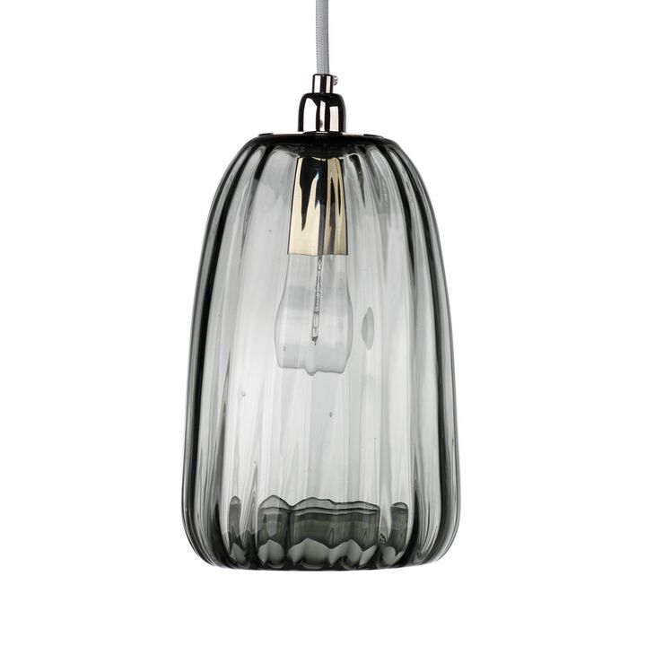 Pendant Light with Glass Body and Ribbed Details, Gray-Benzara
