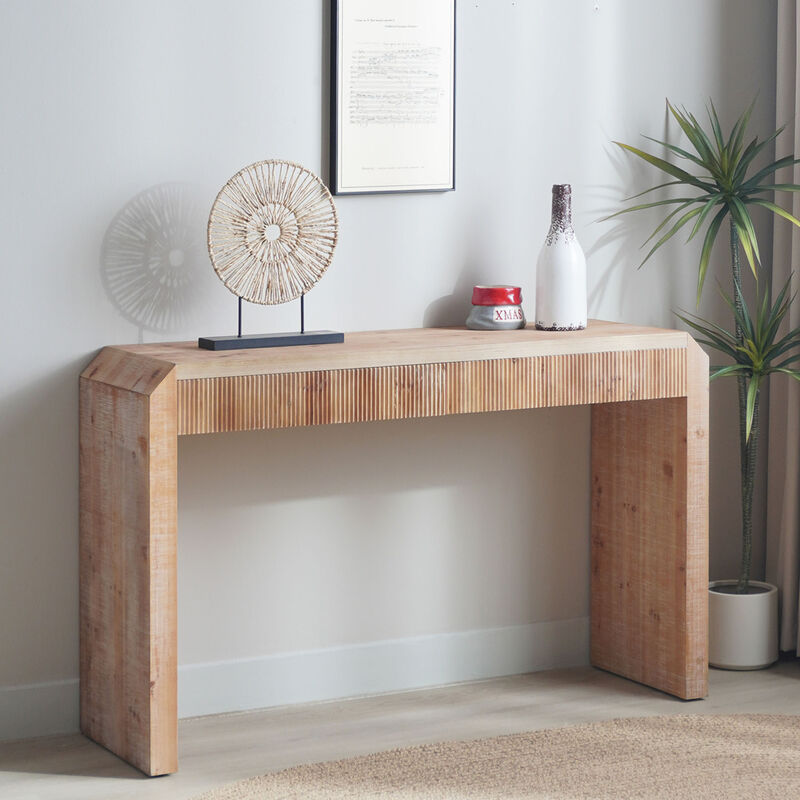 GOODSILO Rustic Wooden Console Table with Drawer Minimalist Design Ribbed Texture Natural Finish image number 3
