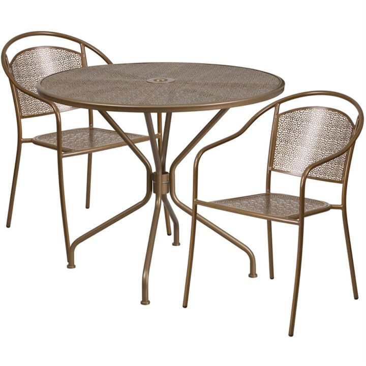 Flash Furniture Commercial Grade 35.25" Round Gold Indoor-Outdoor Steel Patio Table Set with 2 Round Back Chairs